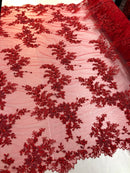 Beaded Fabric - Red - Embroidered Flower Lace Fabric with Beads On A Mesh Sold By The Yard