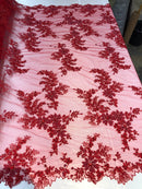 Beaded Fabric - Red - Embroidered Flower Lace Fabric with Beads On A Mesh Sold By The Yard