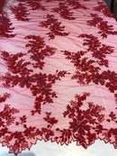 Beaded Fabric - Red - Embroidered Flower Lace Fabric with Beads On A Mesh Sold By The Yard