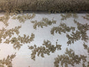 Beaded Fabric - Champagne - Embroidered Flower Lace Fabric with Beads On A Mesh Sold By The Yard