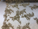 Beaded Fabric - Champagne - Embroidered Flower Lace Fabric with Beads On A Mesh Sold By The Yard