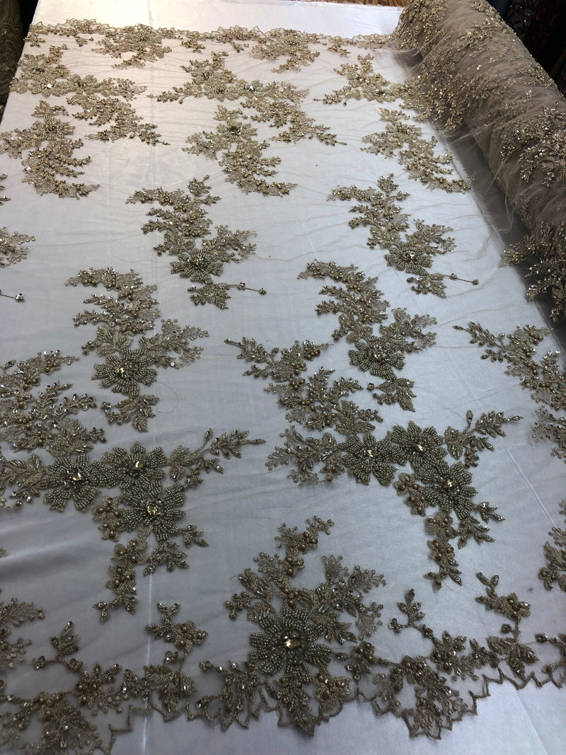 Beaded Fabric - Champagne - Embroidered Flower Lace Fabric with Beads On A Mesh Sold By The Yard