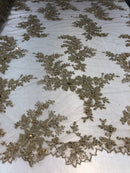 Beaded Fabric - Champagne - Embroidered Flower Lace Fabric with Beads On A Mesh Sold By The Yard