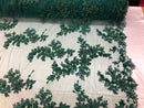Beaded Fabric - Hunter Green - Embroidered Flower Lace Fabric with Beads On A Mesh Sold By The Yard