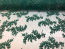 Beaded Fabric - Hunter Green - Embroidered Flower Lace Fabric with Beads On A Mesh Sold By The Yard