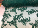 Beaded Fabric - Hunter Green - Embroidered Flower Lace Fabric with Beads On A Mesh Sold By The Yard