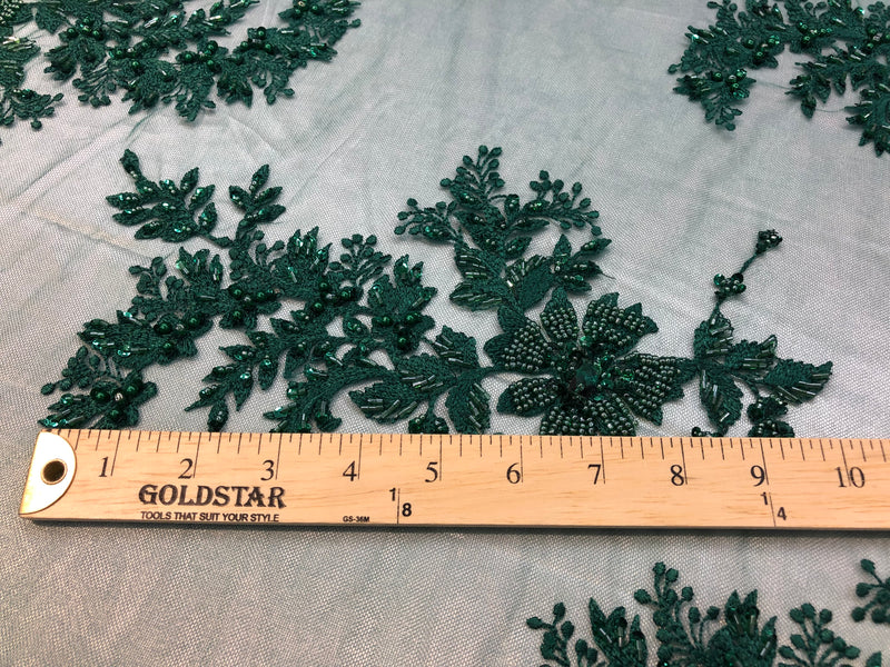 Beaded Fabric - Hunter Green - Embroidered Flower Lace Fabric with Beads On A Mesh Sold By The Yard