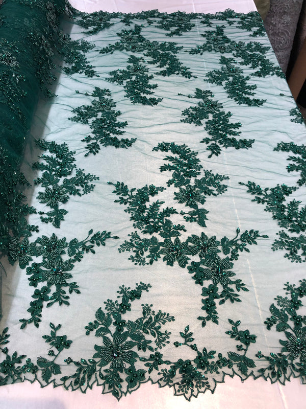 Beaded Fabric - Hunter Green - Embroidered Flower Lace Fabric with Beads On A Mesh Sold By The Yard