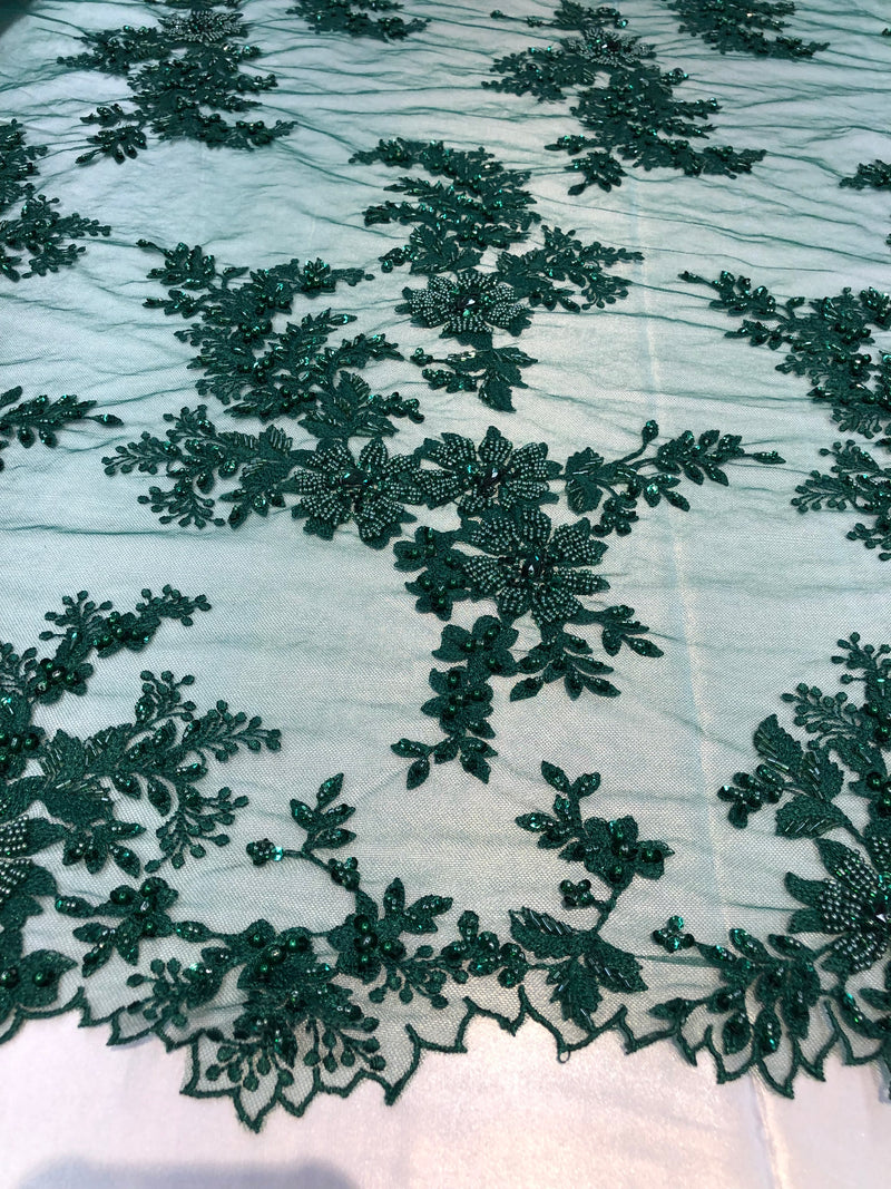 Beaded Fabric - Hunter Green - Embroidered Flower Lace Fabric with Beads On A Mesh Sold By The Yard
