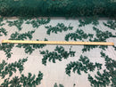Beaded Fabric - Hunter Green - Embroidered Flower Lace Fabric with Beads On A Mesh Sold By The Yard