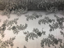 Beaded Fabric - Silver - Embroidered Flower Lace Fabric with Beads On A Mesh Sold By The Yard