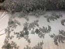 Beaded Fabric - Silver - Embroidered Flower Lace Fabric with Beads On A Mesh Sold By The Yard