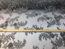 Beaded Fabric - Silver - Embroidered Flower Lace Fabric with Beads On A Mesh Sold By The Yard