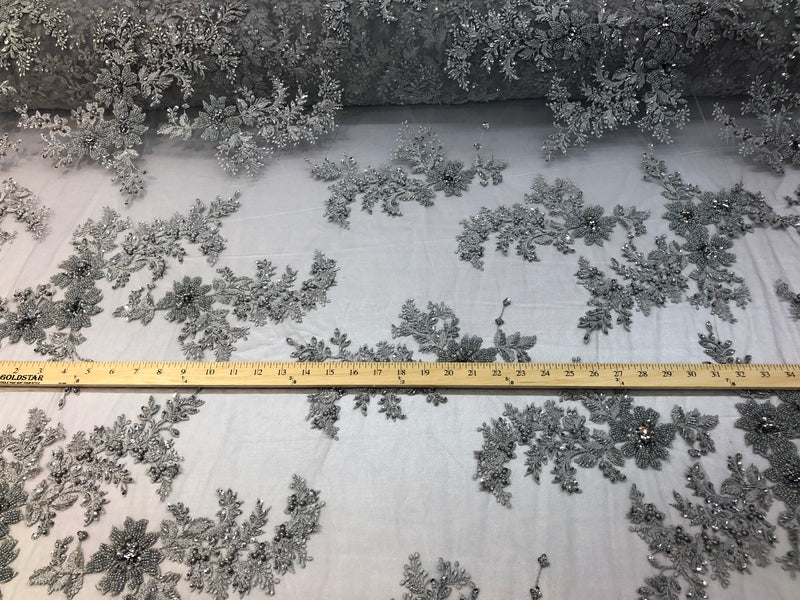 Beaded Fabric - Silver - Embroidered Flower Lace Fabric with Beads On A Mesh Sold By The Yard