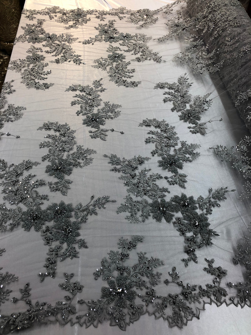 Beaded Fabric - Silver - Embroidered Flower Lace Fabric with Beads On A Mesh Sold By The Yard