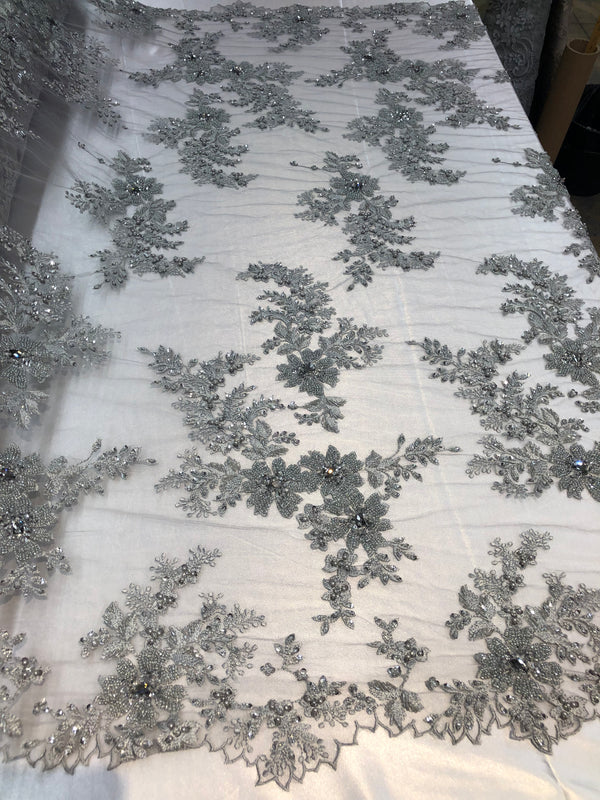 Beaded Fabric - Silver - Embroidered Flower Lace Fabric with Beads On A Mesh Sold By The Yard