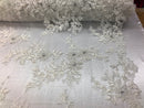 Beaded Fabric - Ivory - Embroidered Flower Lace Fabric with Beads On A Mesh Sold By The Yard