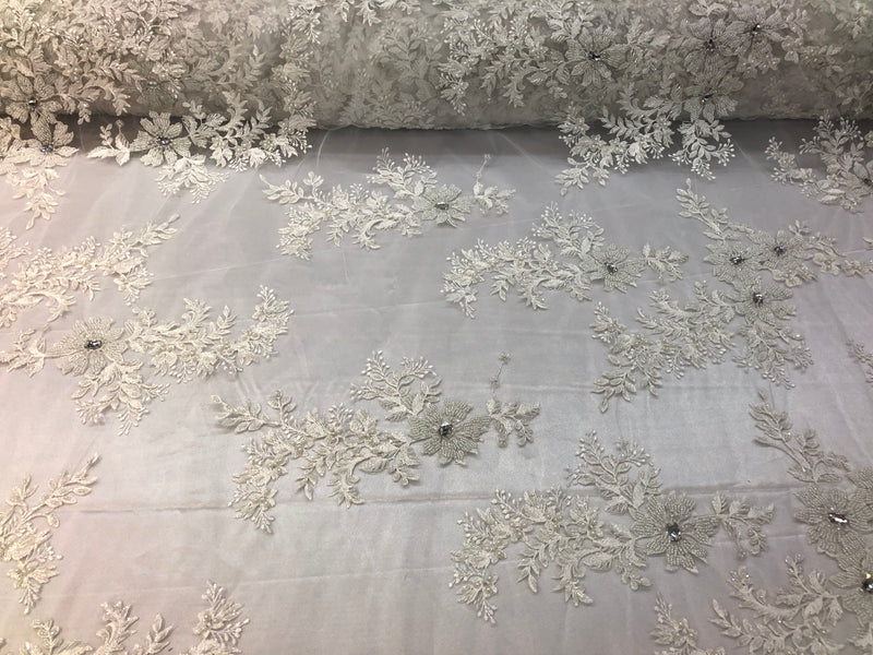 Beaded Fabric - Ivory - Embroidered Flower Lace Fabric with Beads On A Mesh Sold By The Yard