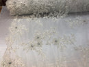Beaded Fabric - Ivory - Embroidered Flower Lace Fabric with Beads On A Mesh Sold By The Yard