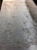 Beaded Fabric - Ivory - Embroidered Flower Lace Fabric with Beads On A Mesh Sold By The Yard