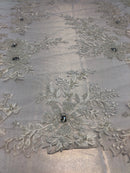 Beaded Fabric - Ivory - Embroidered Flower Lace Fabric with Beads On A Mesh Sold By The Yard