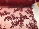Beaded Fabric - Burgundy - Embroidered Flower Lace Fabric with Beads On A Mesh Sold By The Yard