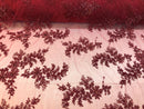 Beaded Fabric - Burgundy - Embroidered Flower Lace Fabric with Beads On A Mesh Sold By The Yard