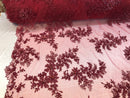 Beaded Fabric - Burgundy - Embroidered Flower Lace Fabric with Beads On A Mesh Sold By The Yard