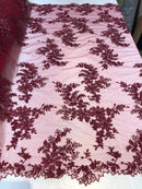 Beaded Fabric - Burgundy - Embroidered Flower Lace Fabric with Beads On A Mesh Sold By The Yard