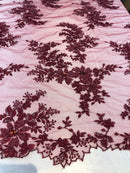 Beaded Fabric - Burgundy - Embroidered Flower Lace Fabric with Beads On A Mesh Sold By The Yard