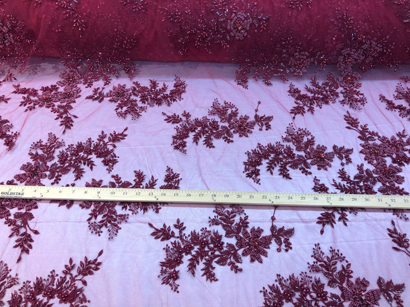 Beaded Fabric - Burgundy - Embroidered Flower Lace Fabric with Beads On A Mesh Sold By The Yard