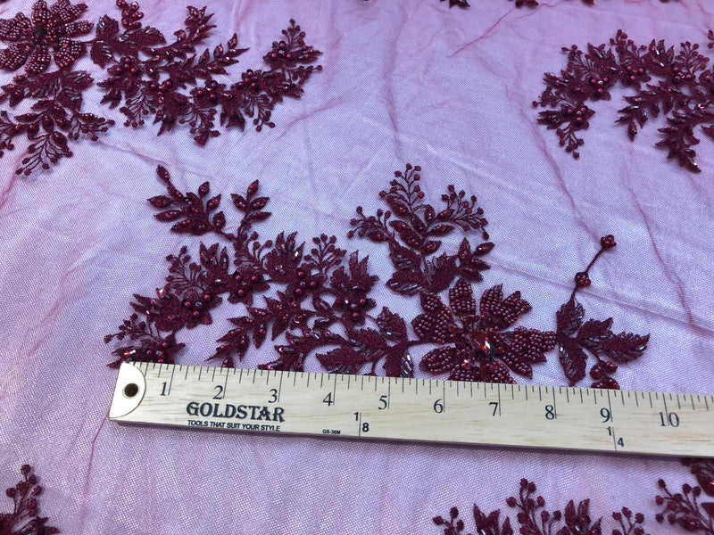 Beaded Fabric - Burgundy - Embroidered Flower Lace Fabric with Beads On A Mesh Sold By The Yard