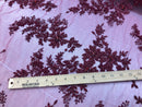 Beaded Fabric - Burgundy - Embroidered Flower Lace Fabric with Beads On A Mesh Sold By The Yard