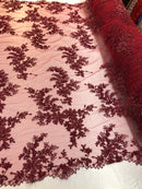 Beaded Fabric - Burgundy - Embroidered Flower Lace Fabric with Beads On A Mesh Sold By The Yard