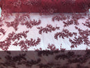 Beaded Fabric - Burgundy - Embroidered Flower Lace Fabric with Beads On A Mesh Sold By The Yard