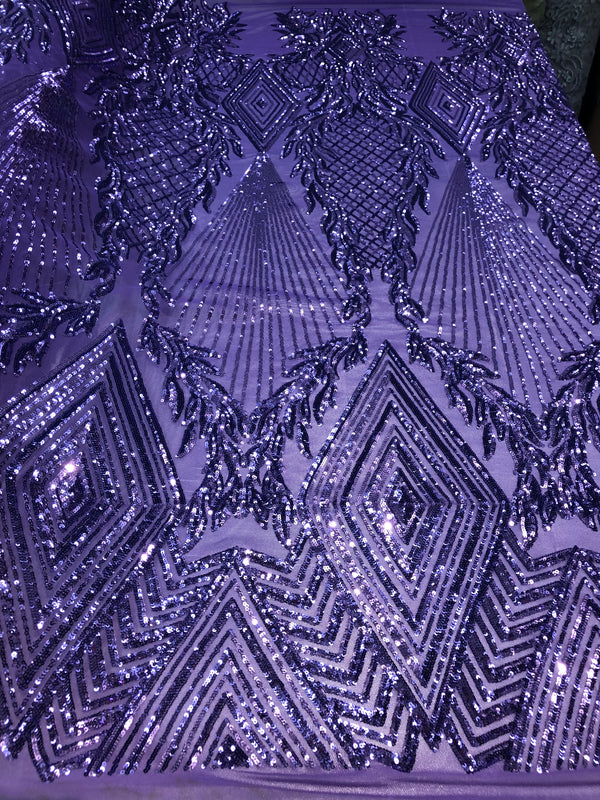 4 Way Stretch Lilac Geometric Design Sequins On Mesh Beautiful Fashion Fabrics Sold By Yard