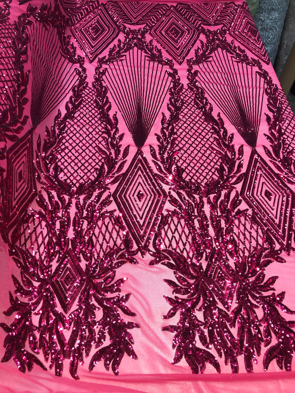 4 Way Stretch - Fuchsia Geometric Design Sequins On Mesh Beautiful Fashion Fabrics Sold By Yard