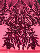 4 Way Stretch - Fuchsia Geometric Design Sequins On Mesh Beautiful Fashion Fabrics Sold By Yard