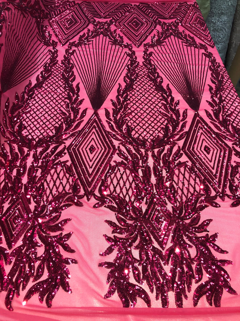 4 Way Stretch - Fuchsia Geometric Design Sequins On Mesh Beautiful Fashion Fabrics Sold By Yard