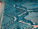 4 Way Stretch - Turquoise  - Geometric Design Sequins On Mesh Beautiful Fashion Fabrics Sold By Yard