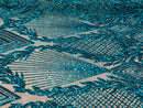 4 Way Stretch - Turquoise  - Geometric Design Sequins On Mesh Beautiful Fashion Fabrics Sold By Yard