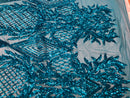 4 Way Stretch - Turquoise  - Geometric Design Sequins On Mesh Beautiful Fashion Fabrics Sold By Yard