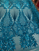 4 Way Stretch - Turquoise  - Geometric Design Sequins On Mesh Beautiful Fashion Fabrics Sold By Yard