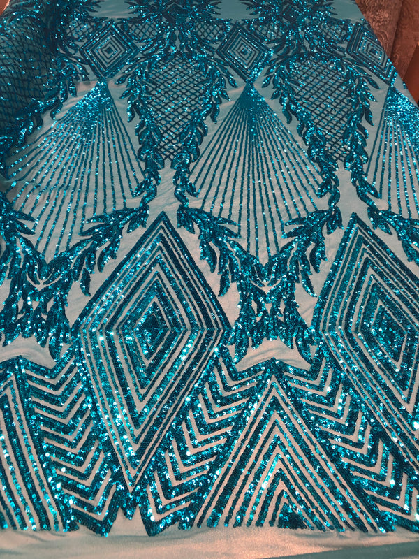 4 Way Stretch - Turquoise  - Geometric Design Sequins On Mesh Beautiful Fashion Fabrics Sold By Yard