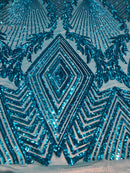 4 Way Stretch - Turquoise  - Geometric Design Sequins On Mesh Beautiful Fashion Fabrics Sold By Yard