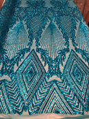 4 Way Stretch - Turquoise  - Geometric Design Sequins On Mesh Beautiful Fashion Fabrics Sold By Yard