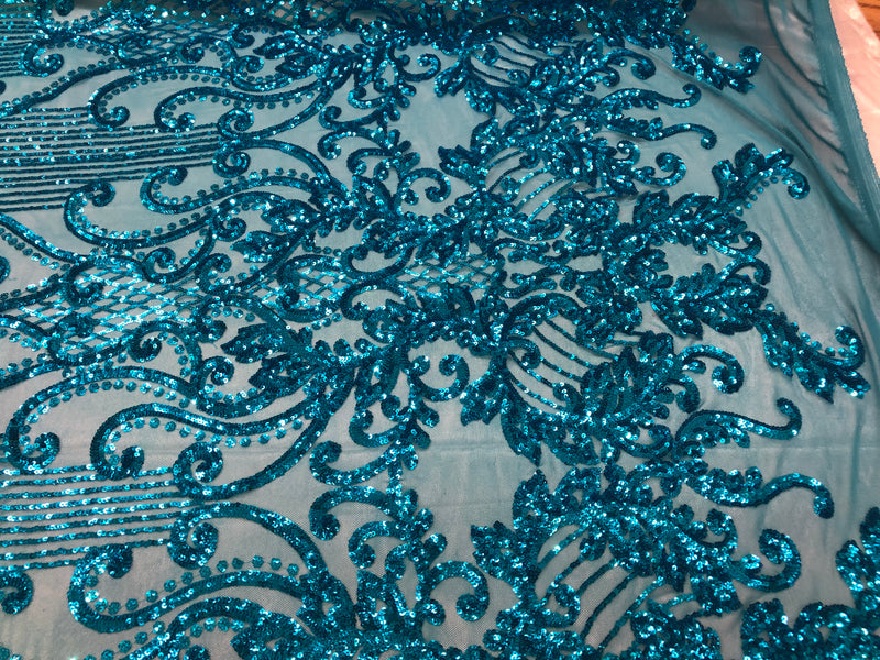 4 Way Stretch - Turquoise - Damask Net Design Sequins On Mesh Elegant Fashion Fabrics Sold By Yard