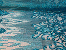 4 Way Stretch - Turquoise - Damask Net Design Sequins On Mesh Elegant Fashion Fabrics Sold By Yard