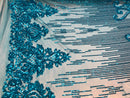 4 Way Stretch - Turquoise - Damask Net Design Sequins On Mesh Elegant Fashion Fabrics Sold By Yard