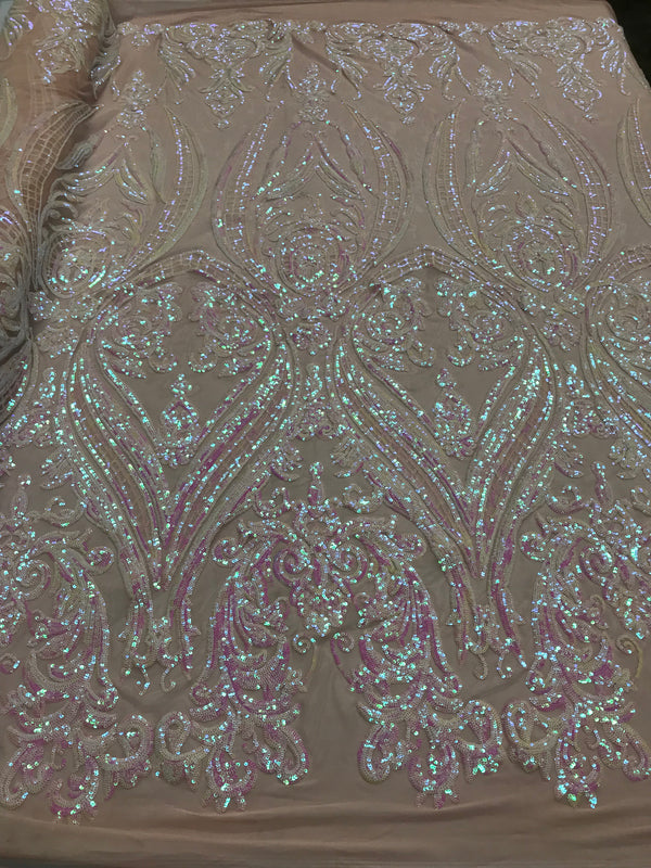 Big Damask Sequins Fabric - Iridescent Baby Pink - 4 Way Stretch Damask Sequins Design Fabric By Yard